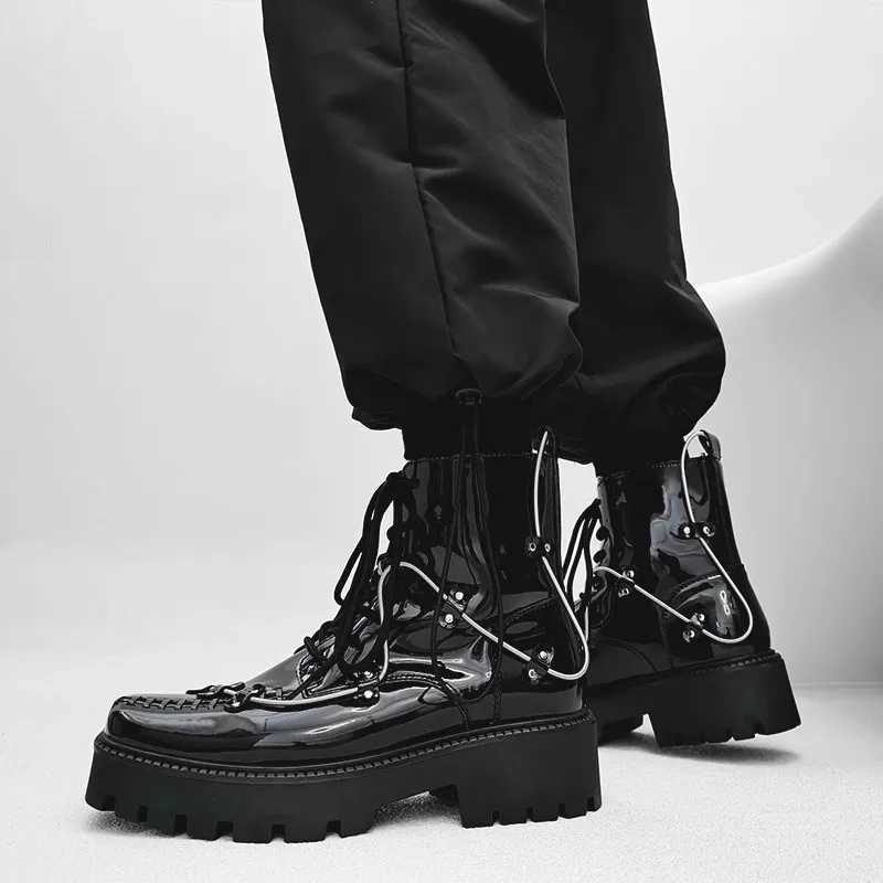 Qvah Owens Men Motorcycle Boots Platform High Top Rock Gothic Sneakers Leather Luxury Trainers Lace Up Autumn Black Shoes Z250303