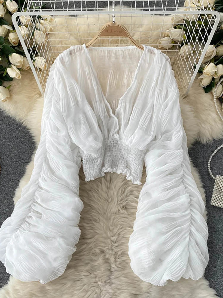 Summer Sexy Draped Chiffon Blouse For Women Elegant V-Neck Puff Long Sleeve Short Tops Female Slim Party Shirts Fashion 250303