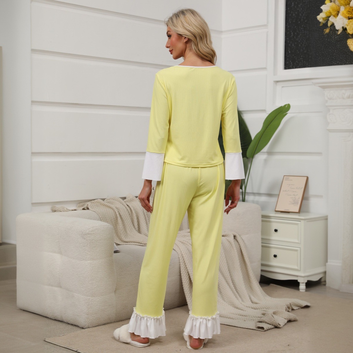 B744-New spring and summer simple casual comfortable solid color women's home pajamas set can be worn as home clothes