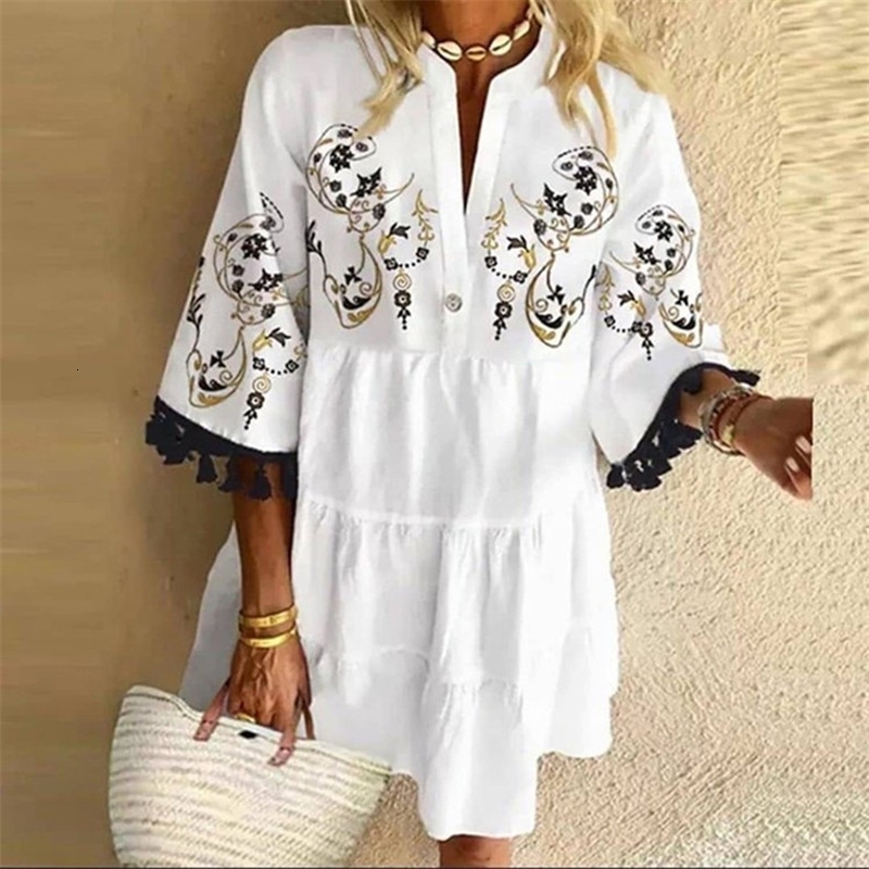 Floral Print Boho Dress Women Tassle Sleeved White Mini A-line Dress Spring Sweet Bohemian Loose Dresses 250213