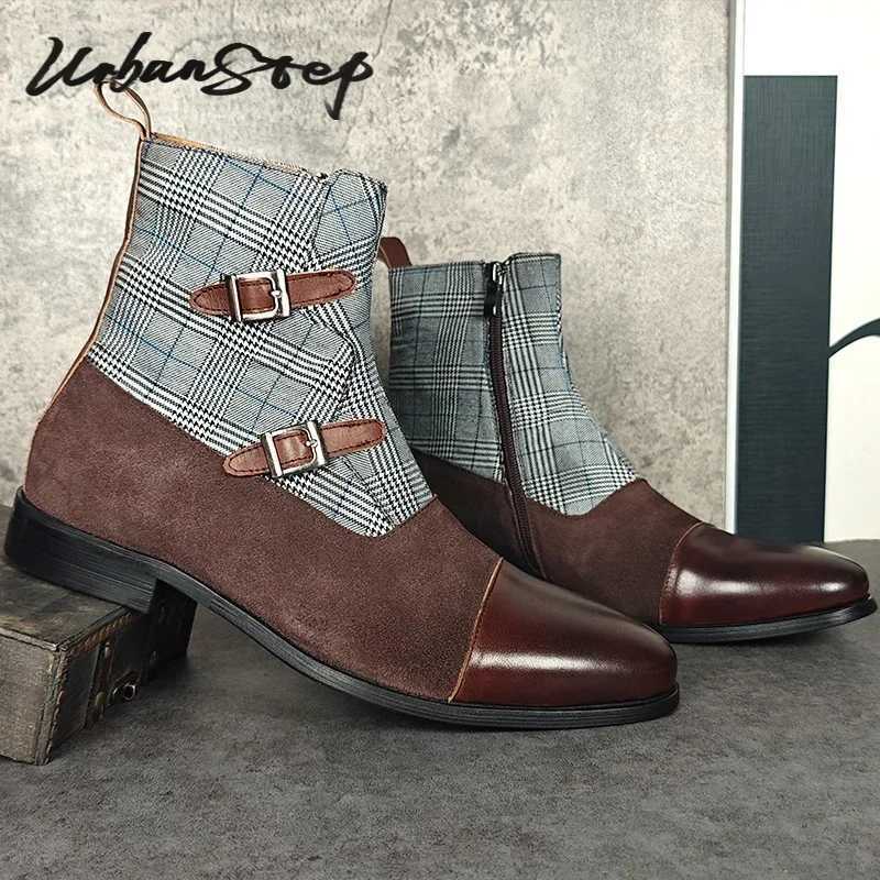 Luxury Mens Boots High top Zipper Ankle Boots Buckle Strap Casual Mens Dress Shoes Blue Mix Brown Genuine Leather Boots Men Z250303