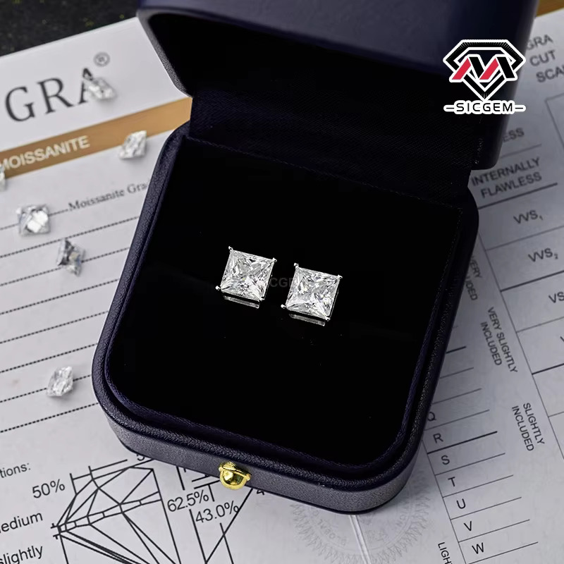 "Wholesale Sier Princess Square Moissanite Earrings in 3.0mm 4.5mm 5.5mm 7.0mm 8.0mm with Gift Box"