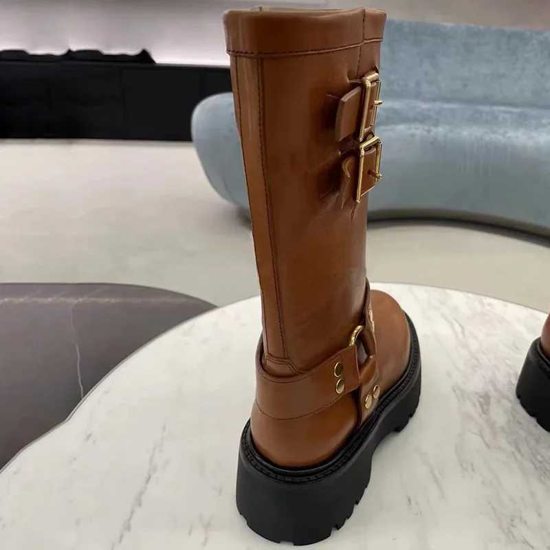 Luxury Brand Designer Belt Buckle Boots Women 2024 New British Style Thick Heel Ankle Boots Winter Fur Warm Chunky Boots Female Z250303