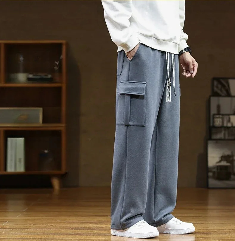 2024 in Wide Leg Pants Men Autumn Straight Elastic Waist Baggy Cargo Trouser Male Relaxed Streetwear Sweatpant Plus Size Big 250228Z