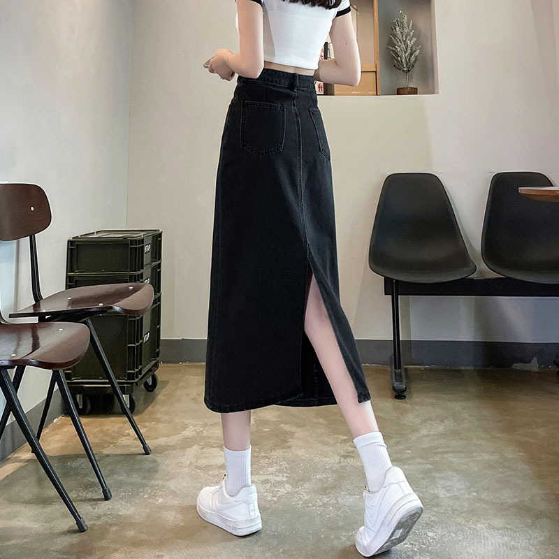 X33200 women's medium-length skirt high waist slim A-line skirt 2023 spring new denim slit skirt