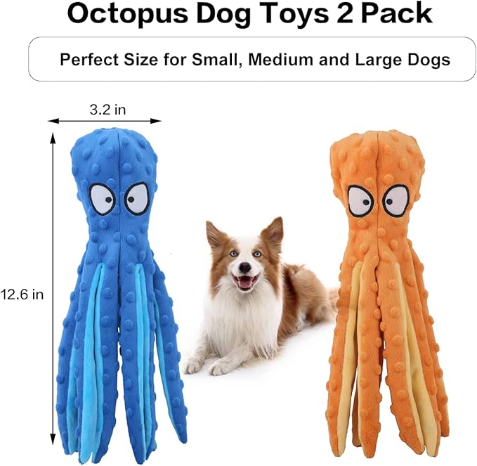 Dog Squeaky Toys Octopus No Stuffing Crinkle Plush Toys for Puppy Teething, Durable Interactive Chew Toys for Small, Medium and Large Dog Reduce Bored