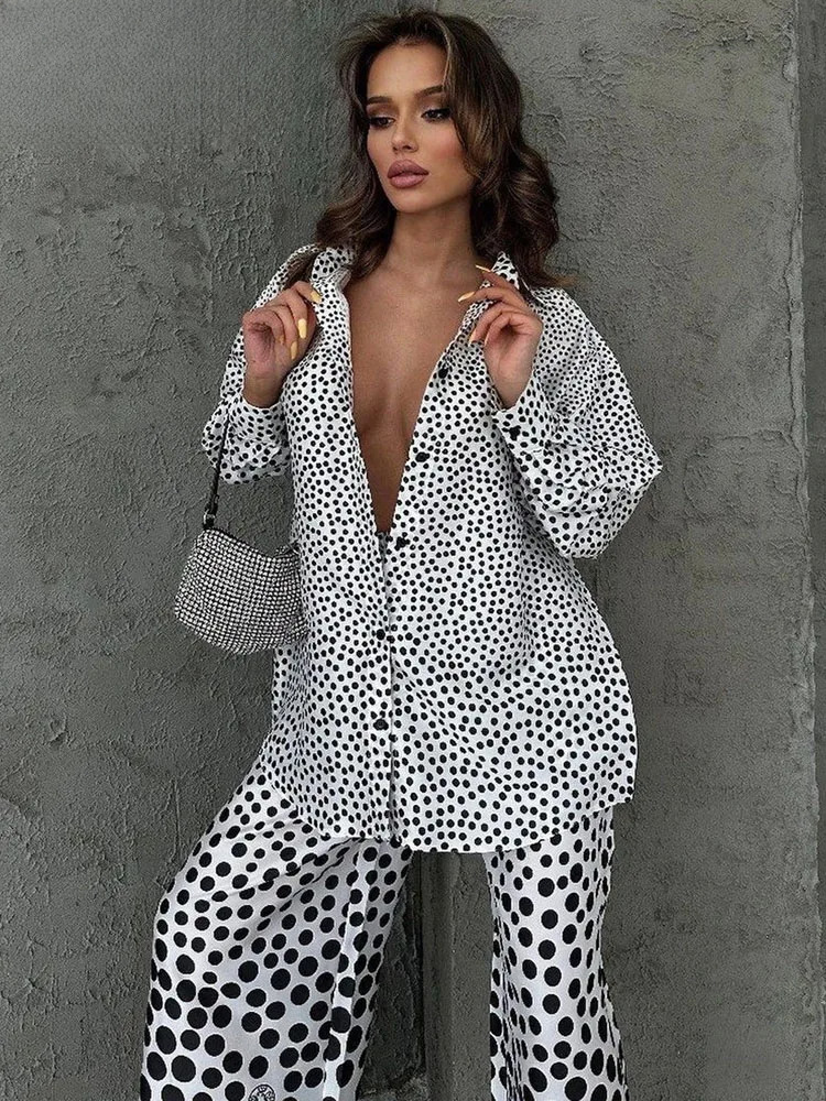 Casual Loose Print 2 Piece Sets Women Long Sleeve Button Shirts And High Waist Wide Leg Pants Matching Suit Chic Streetwear
