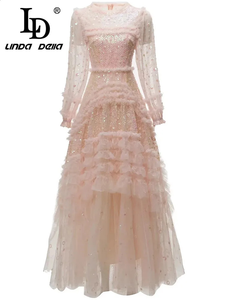 LD LINDA DELLA Style Fashion ner multicolor Dress Womens Extra large Sequins Cascading Ruffle Lace Splice Long 250228