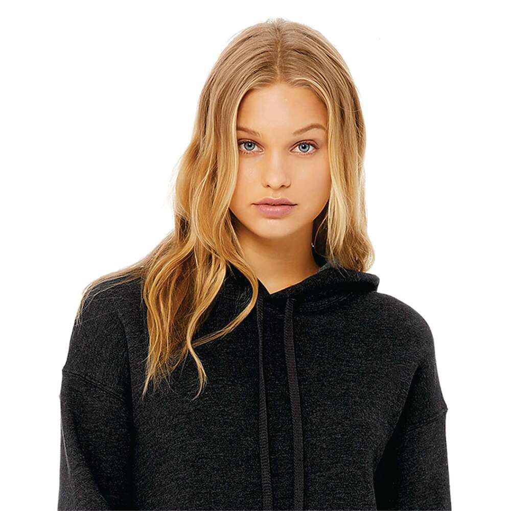 Dark Grey Women's Cropped Fleece Hoodie 52% Airlume Combed Ring Spun Cotton 48% Poly Raw Hem Dropped Shoulder Womens Sweatshirt