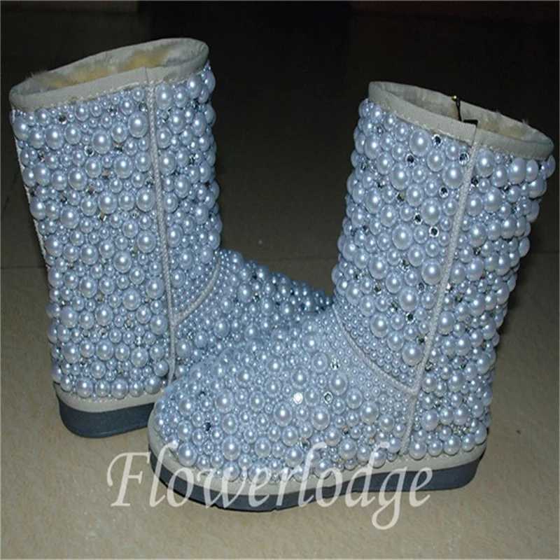 Luxury custom all-pearl rhine-diamond mid-tube fur one snow boots heavy industry womens large size leisure cotton shoes 35-44 Z250303
