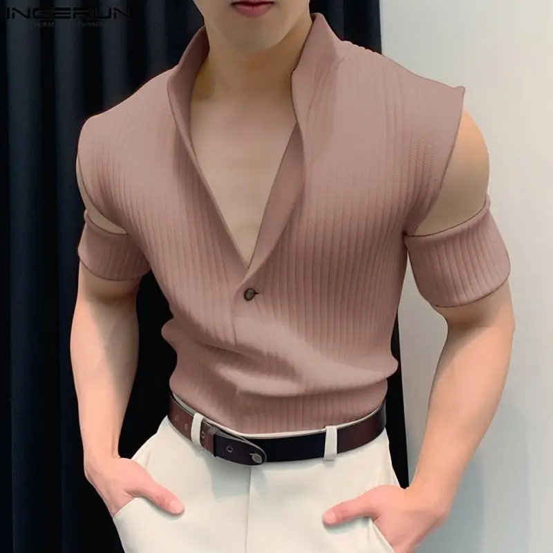 Mens T Shirt Solid Hollow Out V Neck Short Sleeve Summer Casual Mens Clothing Knitted Streetwear Fashion Tee Tops INCERUN 250226