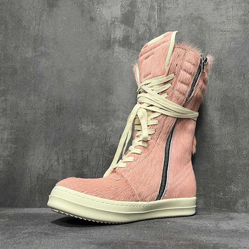 Men Women High Top Motorcycle Boots Casual Platform Sneakers Horsehair Leather Luxury Trainers Lace Up Zip Autumn Pink Shoes Z250303