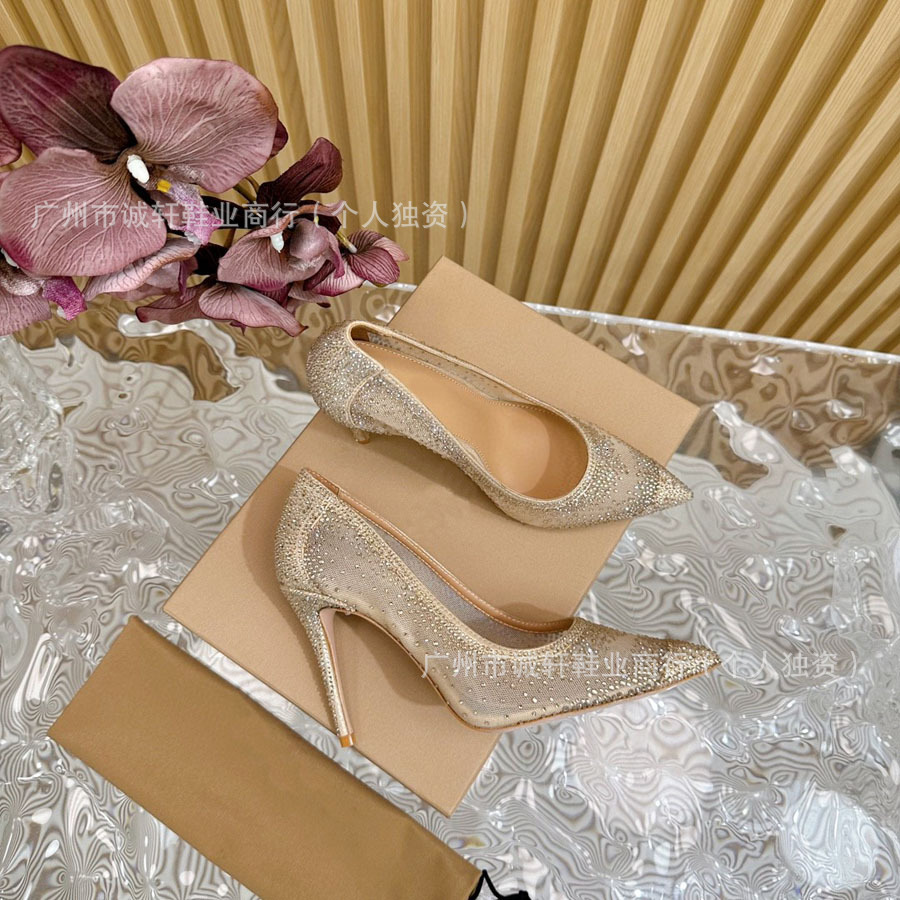 GR version mesh hot stamping 2025 early spring new style gradient diamond pointed thin heel shallow mouth single shoe