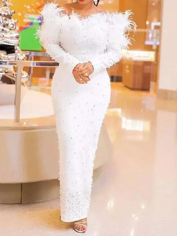 Feather Beading Party Dress For Women Sexy Off Shoulder Long Sleeve Elegant Bodycon Formal Event Evening Wedding Robes
