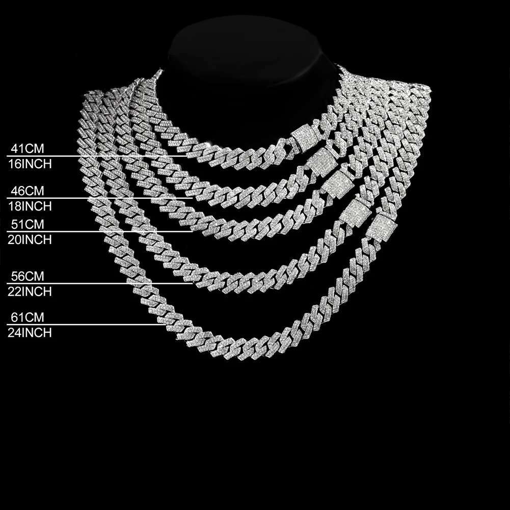 14MM Dia k Chain Men Women Iced Out 2 Row Rhie Paved Rhombus Prong Cuban Necklaces Hip Hop Jewelry