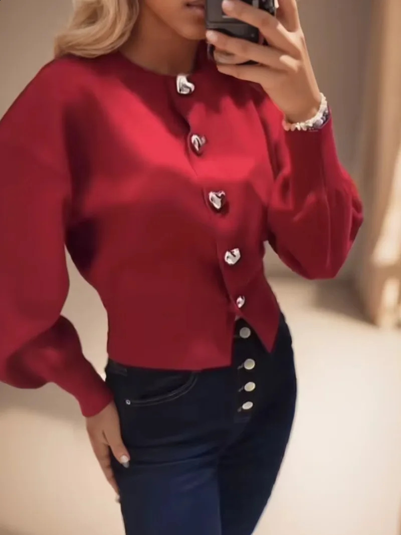 2025 Spring Women Knit Sweater Cardigans Fashion Vintage Red Heart Button Puff Long Sleeve Knitted Coats Jackets 250225