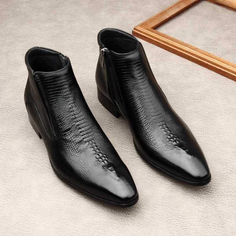 New Crocodile Pattern Men Ankle Boots Luxury Genuine Leather Handmade Designer Black Zipper Pointed Fashion Black Warm Shoes Man Z250303
