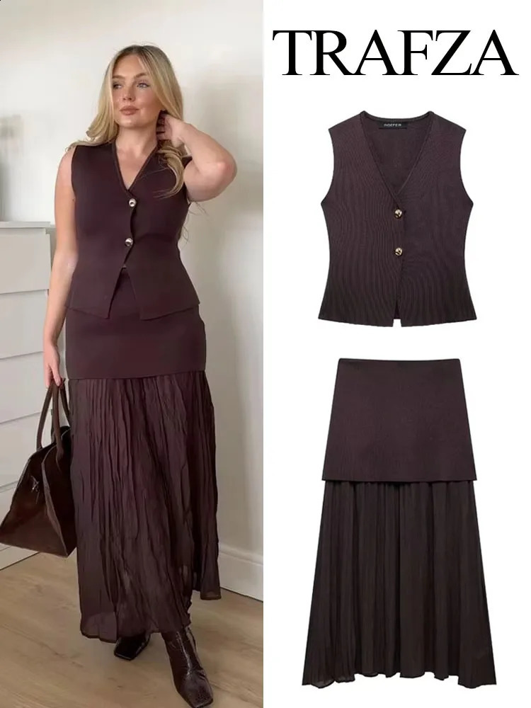 TRAFZA Women 2 Piece Set Chic V-Neck Sleeveless Button Knitted Vest TopSplicing High Waist Side Zipper Ankle-Length Skirt TRAF 250225