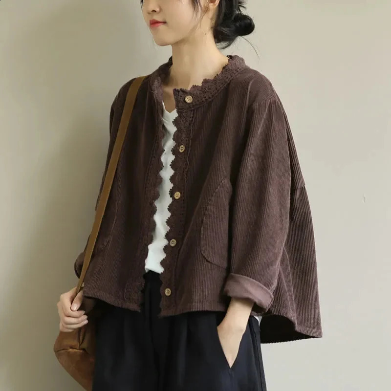 Loose Literary Longsleeved Round Neck Womens Jacket Spring Solid Color Corduroy Lace Allmatch Short Stitching 250228