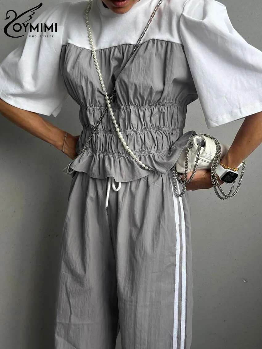 Oymimi Casual Grey Patchwork For Women 2 Pieces Fashion O-Neck Short Sleeve Blouses And Drawstring Straight Trousers Sets
