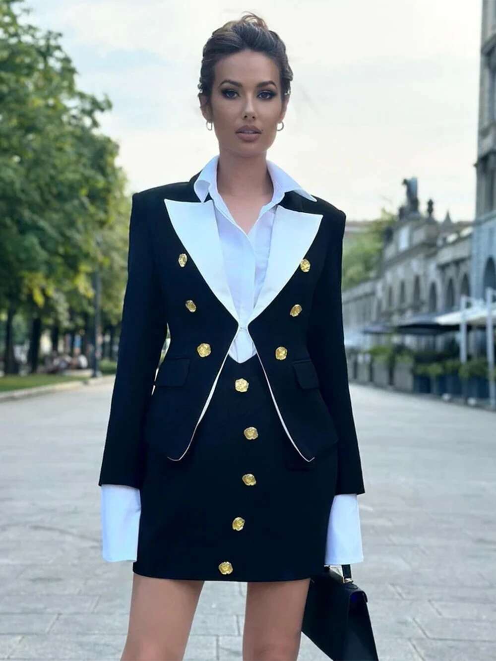 Modphy 2025 New Fashion Splicing Metal Rose Buckle Slim Fit Suit Blazer Halter High Waist Design Mini Skirt Women's Set Outfit