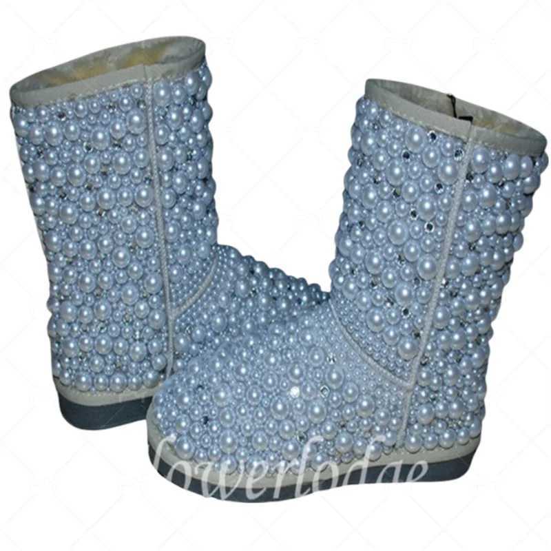 Luxury custom all-pearl rhine-diamond mid-tube fur one snow boots heavy industry womens large size leisure cotton shoes 35-44 Z250303