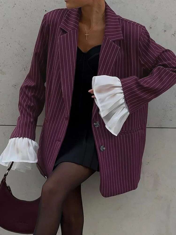 Ruffle Patchwork Striped Women's Blazer Fashion Loose Wine Red Long Sleeve Single Breasted Suit Jacket Elegant Streetwear