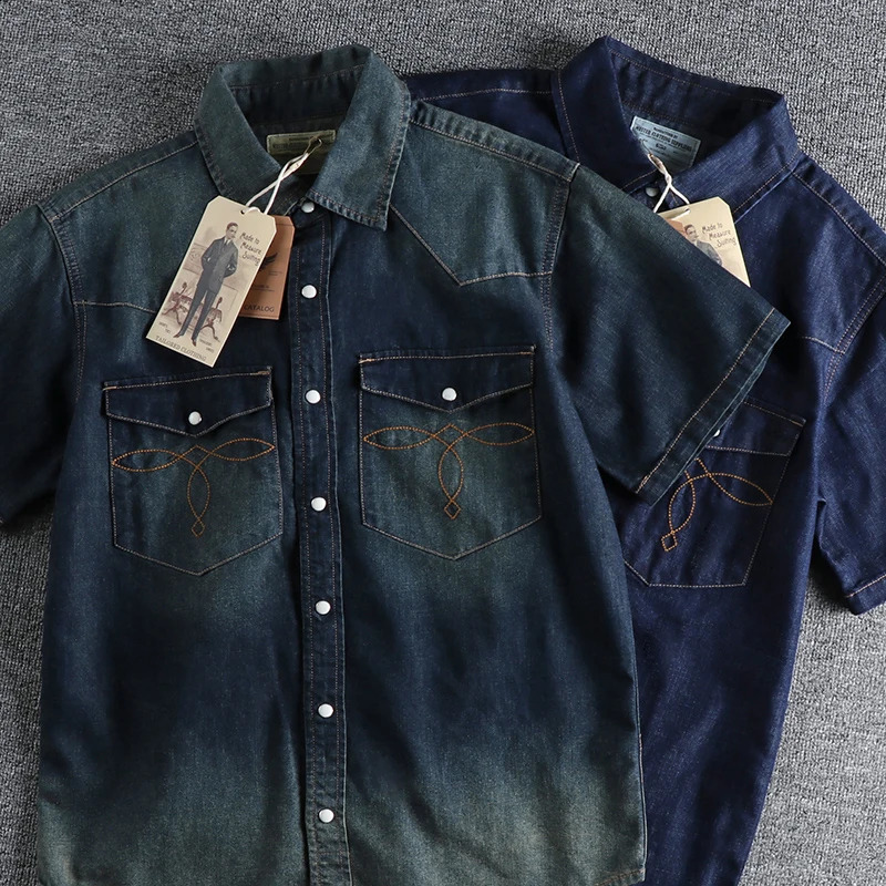 Summer American Retro Short Sleeve Lapel Denim Cargo Shirt Mens Fashion Pure Cotton Washed Old Multipocket Casual Blouses 250226