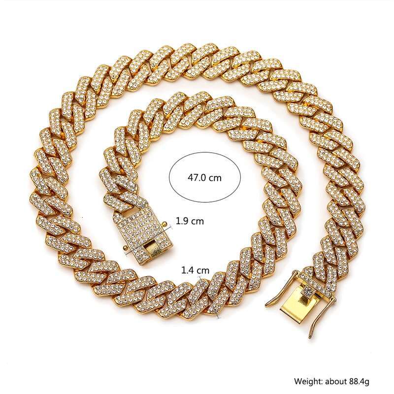 Gold Hip Hop With Full Stone Mens Sier Color 2 Rows Rhie Paved Miami Cuban Chain Necklace