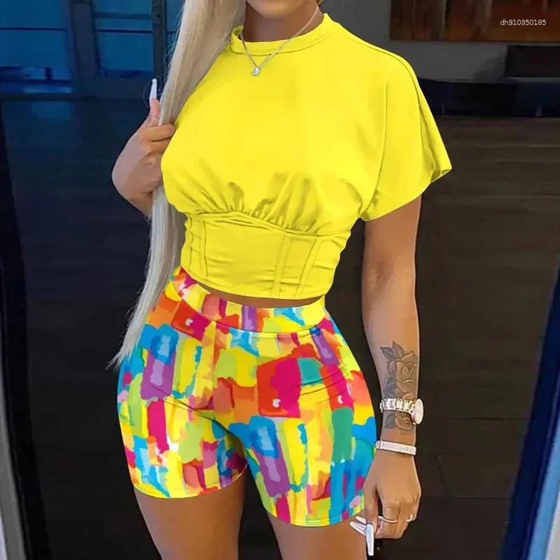 Women's Tracksuits Short Outfits Spring Summer Fashion Sexy Abstract Printed Bodycon T-Shirts And High Waist Pencil Shorts Two Piece Sets