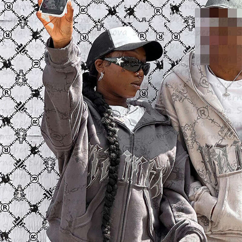 Trendy brand men's and women's street pattern embroidery hooded zipper loose sweatshirt sports jacket