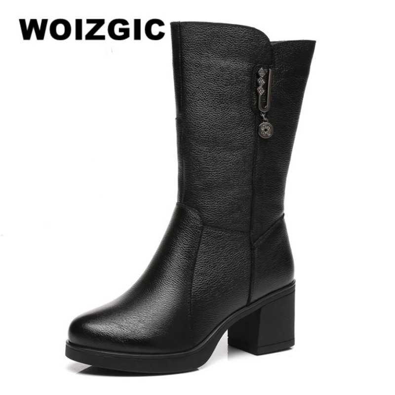 WOIZGIC women genuine leather mid calf boots female mather ladies winter fur plush warm Z250303