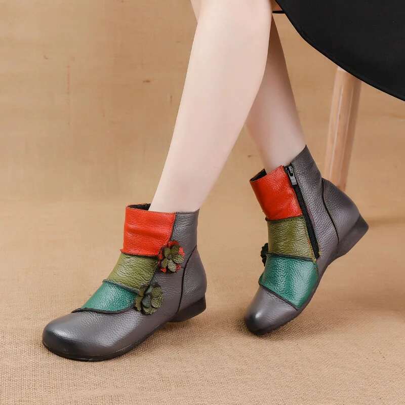 Low Xiuteng Winter New Heel Cow Muscle Sole Short Ankle Boots Ethnic Style wer Colored Genuine Leather Women's Boo