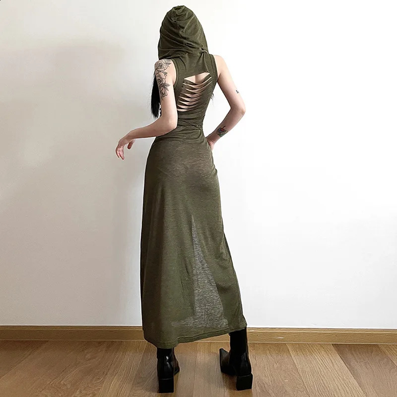 Goth Dark Cyber Gothic Desert Walker Hooded Dresses Y2k Punk Grunge Hollow Out Midi Dres Sexy Split Side Solid Streetwear 250303Z