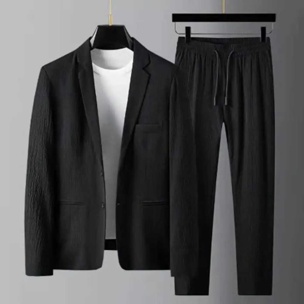 Mens Two-piece Suit Striped Pleated Men Blazer Pants Set Pleated Drawstring Loose Lapel Pockets Thin Formal Business Men Set M250303