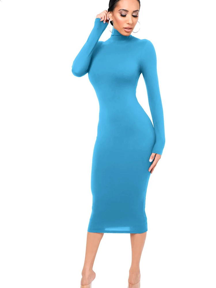Winter Black Turtleneck Sexy Womens Dress Autumn Long Sleeve Tight MIDI Boydcon Casual Blue Plush Knee Length Party 250303Z