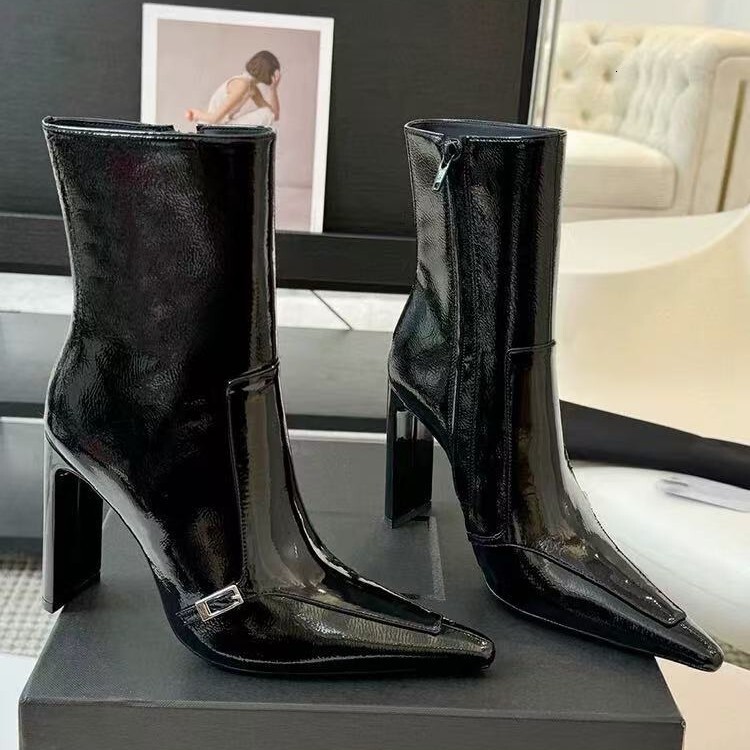 Sharp pointed short for women 2025 new spring and autumn season high heels patent leather fashionable slim thick heel mid tube boots