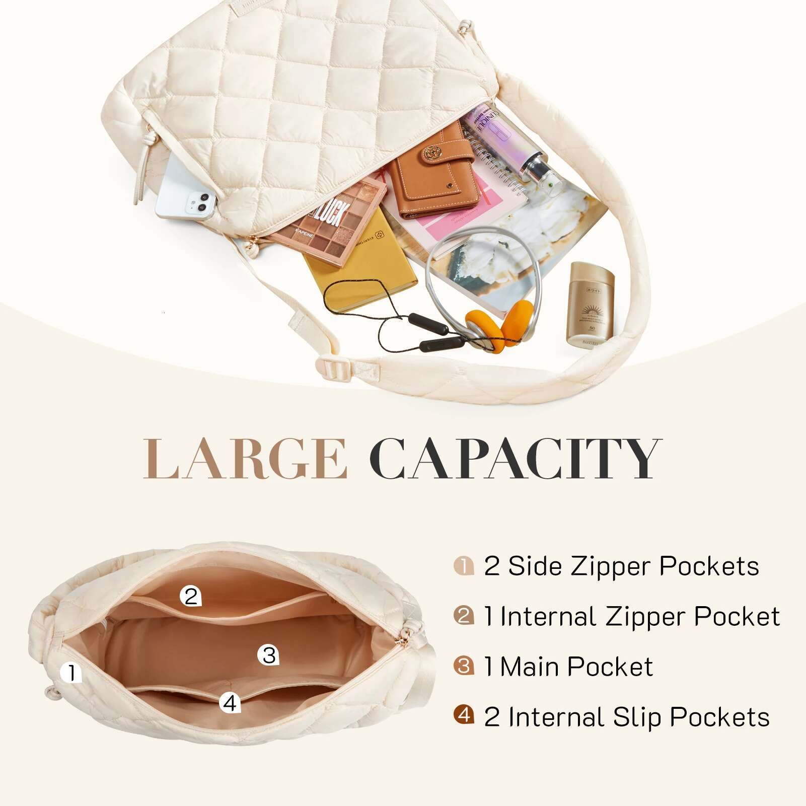 Missnine Women's Shoulder Quilted Puffer With Adjustable Strap Puffy Large Tote Crossbody Wallet Hobo Bag