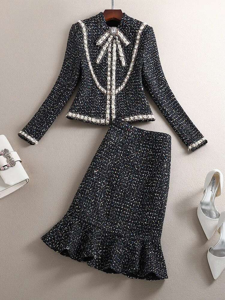New 2024 High Quality Women Autumn Winter 2 Piece Lady Fashion Elegant Slim Woolen Coat Skirt Two-Piece Suit Tweed Sets