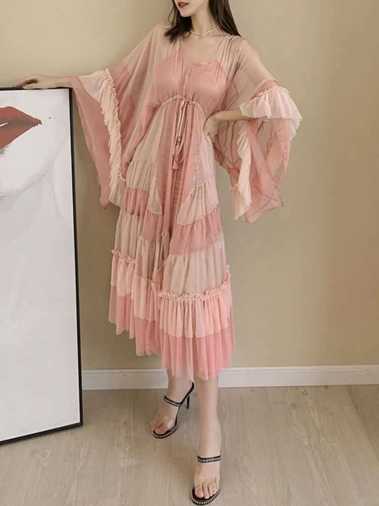 DEAT Woman Dress Pink Cake With Ed Mesh Flare Sleeve Drawstring Waist Elegant Fashion Beach Style 2024 New Summer 15Ht424