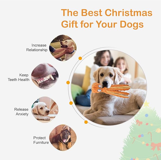 Dog Squeaky Toys Octopus No Stuffing Crinkle Plush Toys for Puppy Teething, Durable Interactive Chew Toys for Small, Medium and Large Dog Reduce Bored