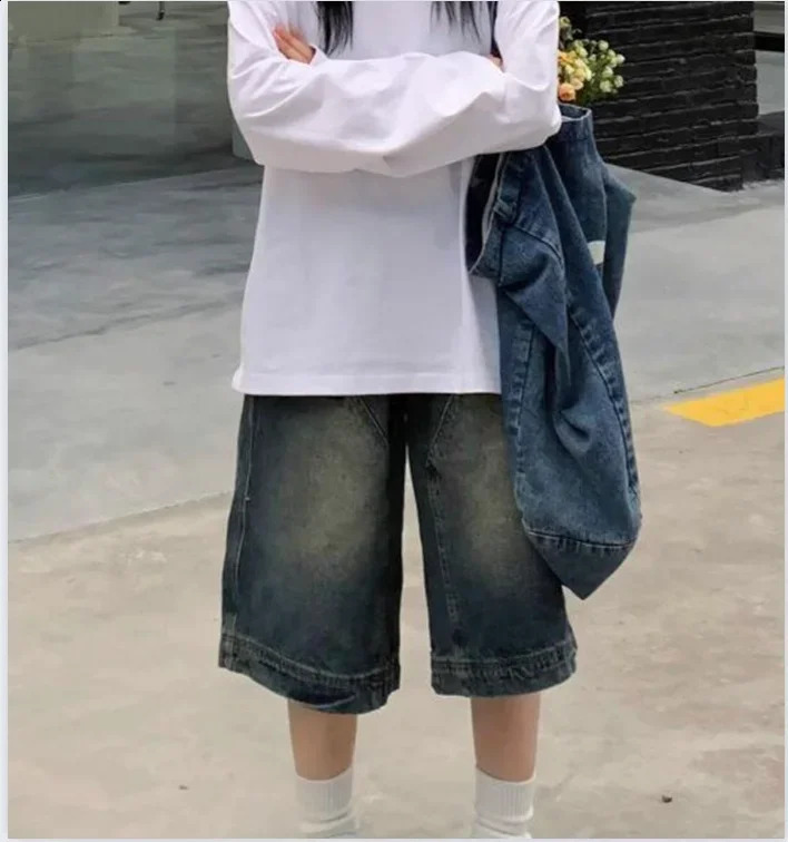 Y2K Vintage Baggy Jean Shorts Womens Washed Wide Leg Pants Casual Barrel Jeans Denim Mens Oversized Jorts 250228