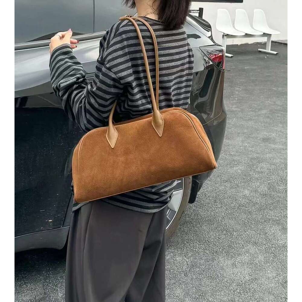 Women's Suede Cowhide Boston Popular Bowg Style Genuine Leather Ladies Handle Bag