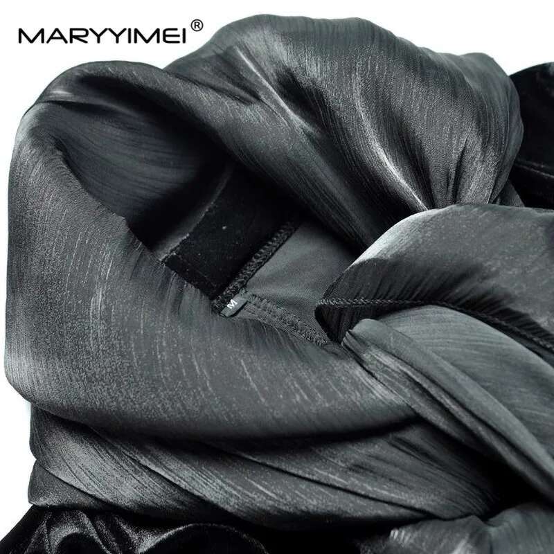 MARYYIMEI Fashion Design Women's Dress V-Neck Long-Sleeved Unced Edge High Waist Dress For Formal Ocn With Scarf