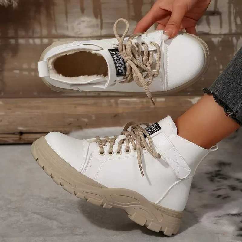 2025 New Winter Black White Boots Womens Ankle Boots Lace-up Platform Sole Womens Warm Anti-Slip Boots Z250303
