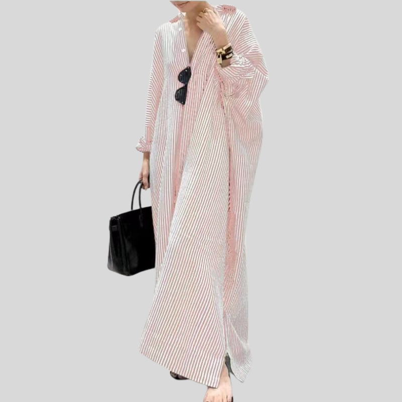 New cotton and linen striped cardigan loose large size temperament commuting irregular dress