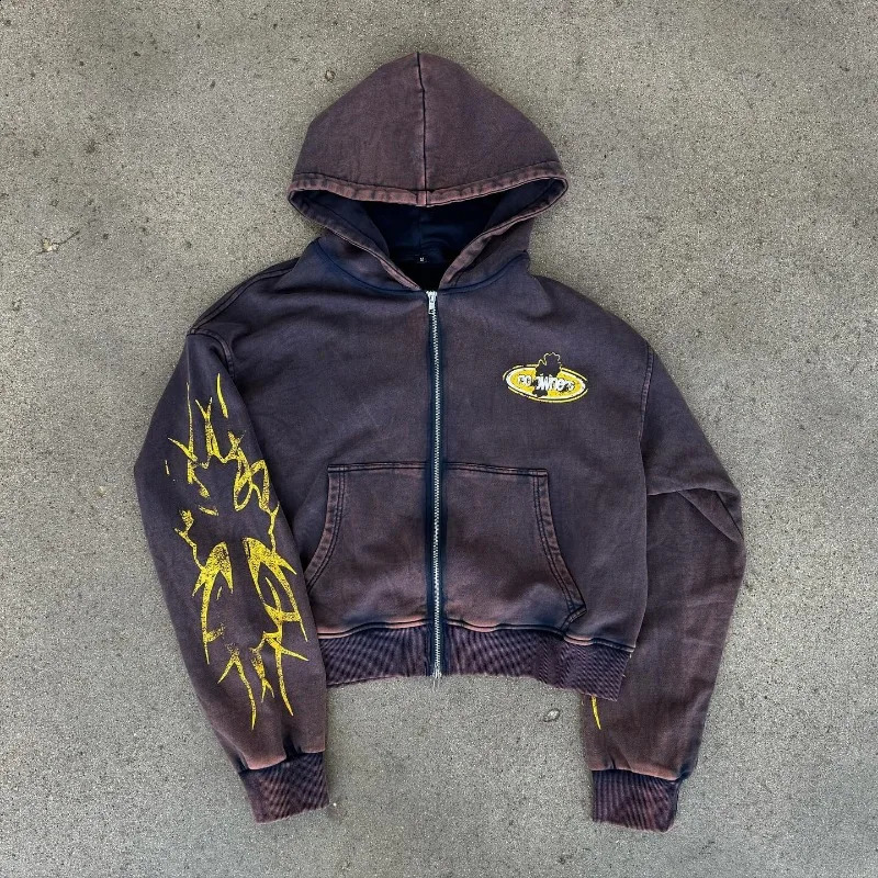 Street Fashion Clothing American Retro Harajuku Letter Print Zipper Hoodie Men Hip Hop Punk Fashion Casual Oversized Sweatshirt 250226