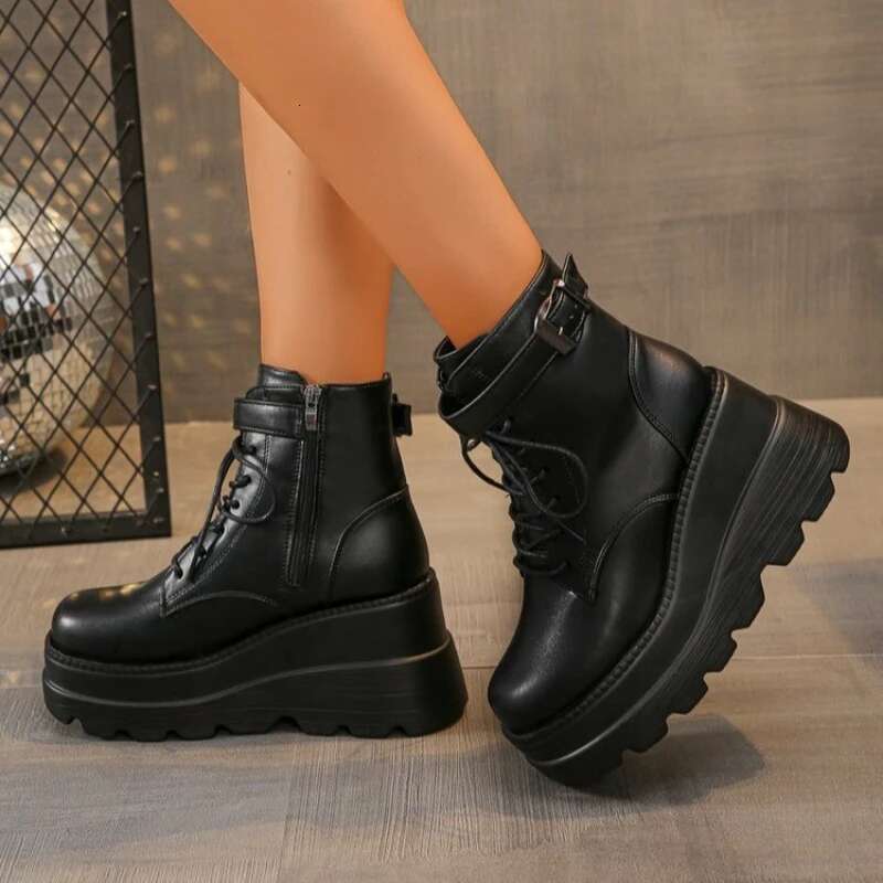 NEW Punk 2025 Style Women Lace-up heel height 9CM Platform Shoes Gothic Ankle Rock Boots Metal Decor Woman Sneakers
