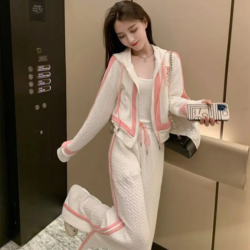 Fashion Track Suits for Women 2 Piece Set 2023 Spring Korean Sweet Cute Coat Zipper Wide Leg Pants Two Sportswear 250225