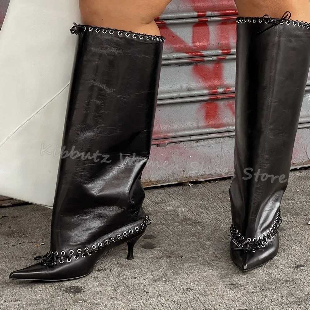 Knee High Boots Wide Lace-Up Cross Strap Genuine Leather Slip-On Luxury Concise Party Dress Women Shoes Pointed Toe Kitten Heels Z250303